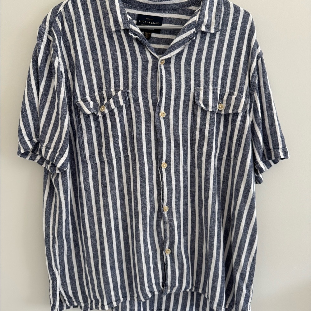 Lucky Brand Men's Navy and White Striped Button Down Shirt